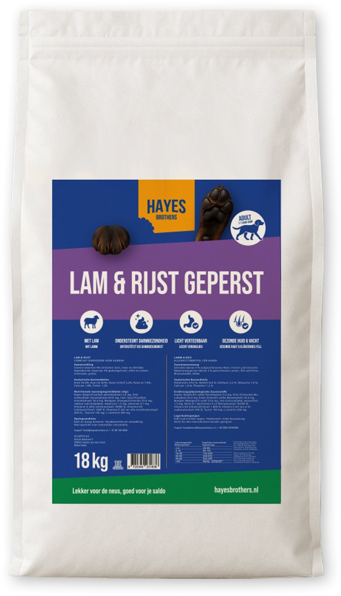 Hayes Brothers Adult Lam & Rijst Geperst Hondenvoer 18 kg - Hypoallergeen voer - Geperste hondenbrokken- 18kg