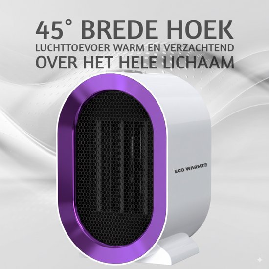 Witte ECO Warmte kachel met paarse rand, 45 graden brede hoek, warme en verzachtende lucht over het hele lichaam.