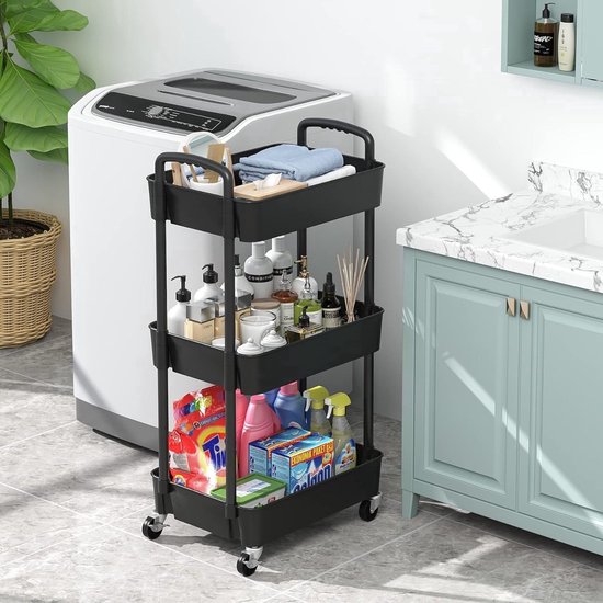 Sywhitta 4-laagse kunststof rolwagen, multifunctionele opbergwagen, kantoor, woonkamer, keuken, mobiele opbergdoos met wielen, zwart Sywhitta 4-laagse kunststof rolwagen, multifunctionele opbergwagen, kantoor, woonkamer, keuken, mobiele opbergdoos met wielen, zwart