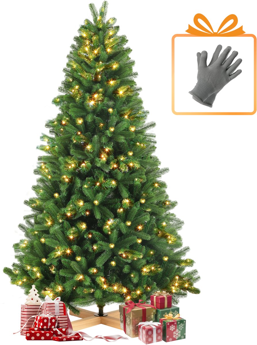 【Vroege Kerstdeals】Sinaopus Kunstkerstboom 215 cm - Met LED - Middenaarde Den - verlichting (320 LED’s, 8 lichtmodi) – PVC&PE – 1276 takken – Houten Standaard – Snel opzetten – Opvouwbare takken – Groene Kerstboom