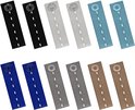 Twaalf broekverkleiners in zwart, grijs, cyaan, blauw, grijs en bruin, met witte stiksels en plastic knopen.