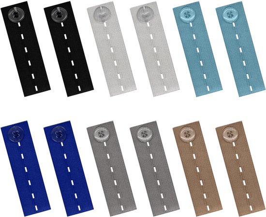 Twaalf broekverkleiners in zwart, grijs, cyaan, blauw, grijs en bruin, met witte stiksels en plastic knopen.