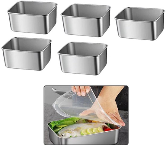 5-stuks roestvrijstalen vershouddoos - Portiebox voor etenswaren - Lunchbox - Met stofdichte deksel - Gemakkelijk schoon te maken - - Geschikt voor koelkast, oven, stoomoven, keukenopslag, voedselconservering - Zilver