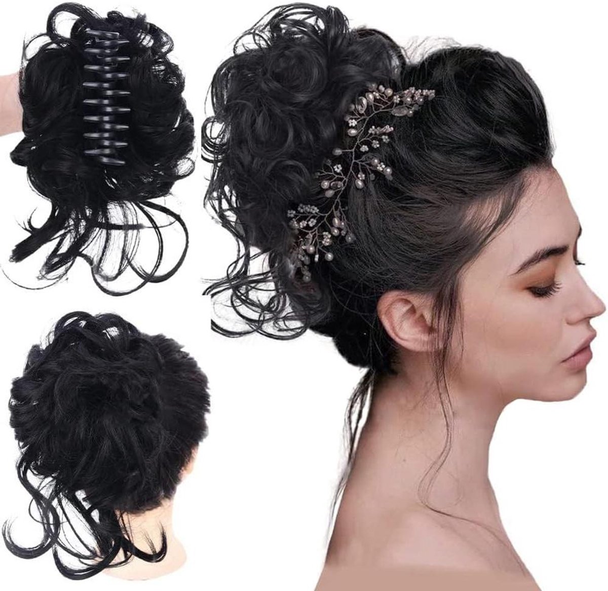 Provento - Krullend Haarstuk Met Clip | Golvende Haarelastiek | Synthetische Messy Bun Haar | Scrunchies | Haarknot voor Dames (Zwart)
