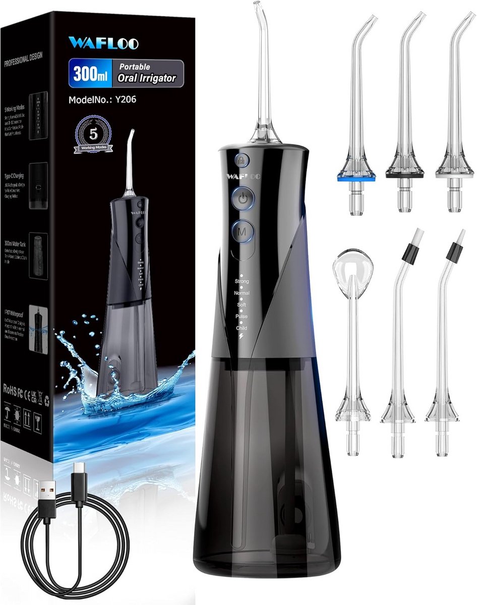 Waterflosser met 5 standen en 6 opzetstukken voor grondige reiniging
