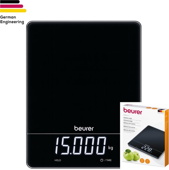 Beurer KS 34 XL Digitale Keukenweegschaal – Tot 15 kg – Glazen oppervlak – Touch bediening – Groot Magic LED display – Tarra functie – Incl. batterijen – 5 Jaar garantie – Zwart