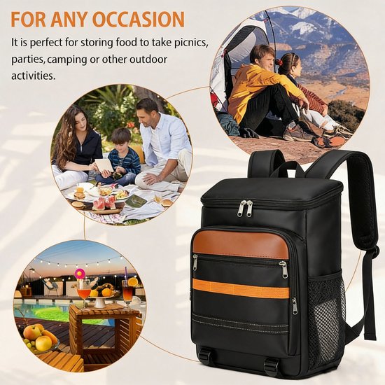 Koelrugzak 20 liter - Waterdichte geïsoleerde picknickrugzak - Met vershoudfunctie - Lichtgewicht design - Geschikt voor lunch en snacks - Ideaal voor camping BBQ wandelen en picknick - Ook voor werk of boodschappen - Zwart — afbeelding 4
