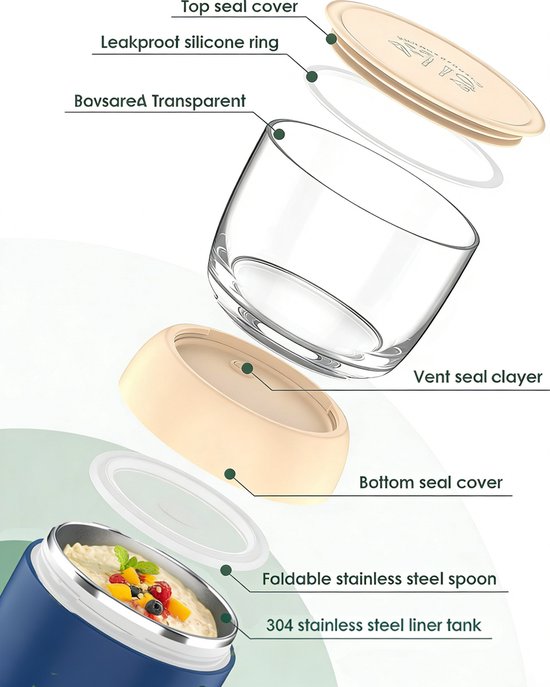 Yoghurt beker to go - 700 ml Dubbellaagse Mueslibeker - Met Lepel En Geïsoleerde RVS Binnenwand - Lekvrije Isolerende Beker To Go - Voor Overnight Oats En Soep - Ideaal Voor School Reizen Picknick Ontbijt En Lunch - Herbruikbare Lunchbeker — afbeelding 4