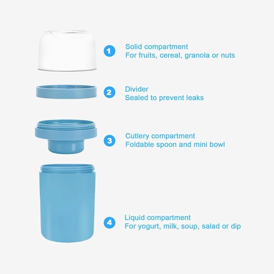 Yoghurt beker to go - Mueslibeker 2-in-1 520ml + 250ml - Dubbellaagse Lekvrije Beker - Met Lepel En Isolatie - Voor School Werk Reizen Ontbijt En Lunch - Blauwe Herbruikbare Lunchbeker - Handig Voor Onderweg - Vaatwasserbestendig — afbeelding 2