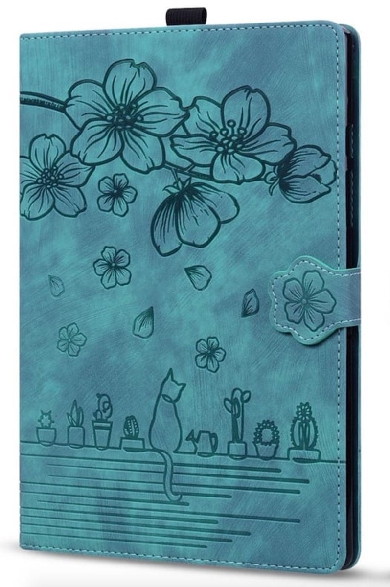 Bescherm-Etui Hoes Map voor Lenovo Tab M11 - Bloemen en Kat - Groen