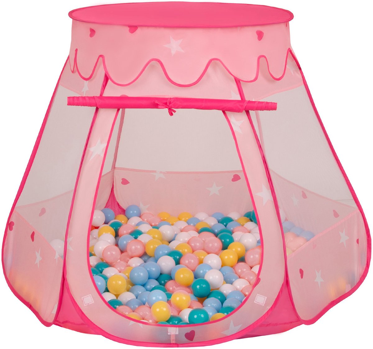 Selonis Pop Up Kasteeltent Pink Voor Kinderen - 200 Ballen Speeltent - Binnen En Buiten Speelhuisje - 105x90 cm - Wit Geel Babyblauw Poederroze