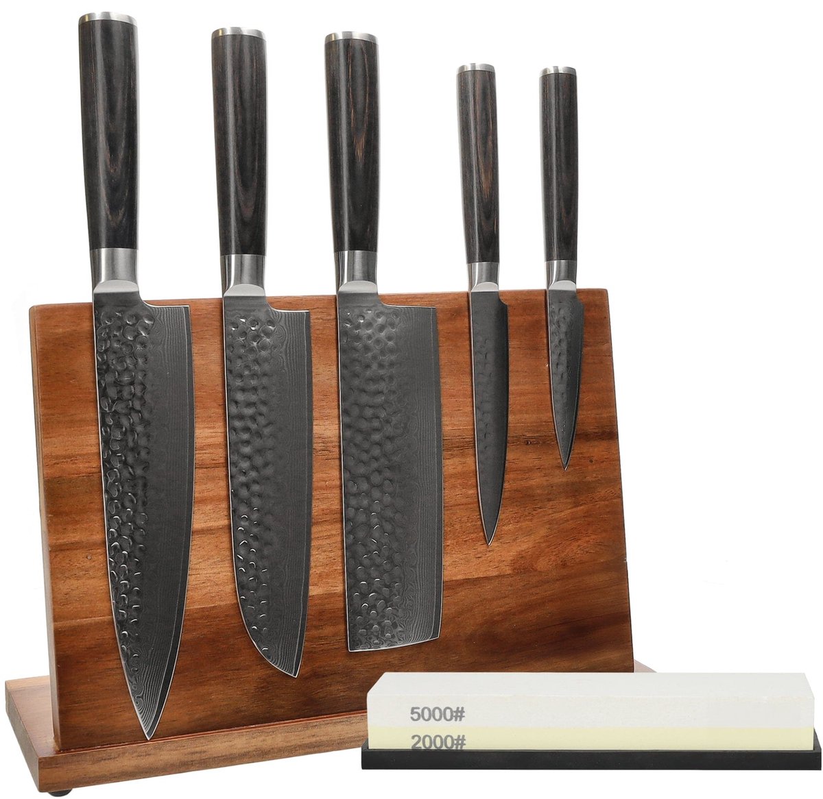 Shinrai Knives - Hammered Damast BR 5-delige Messenset + Messenblok + Slijpsteen