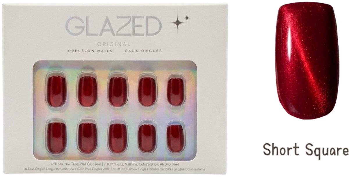 Glazed - Press On Nails - Velvet Ruby - Red Cat Eye - Short Square - 30 nagels