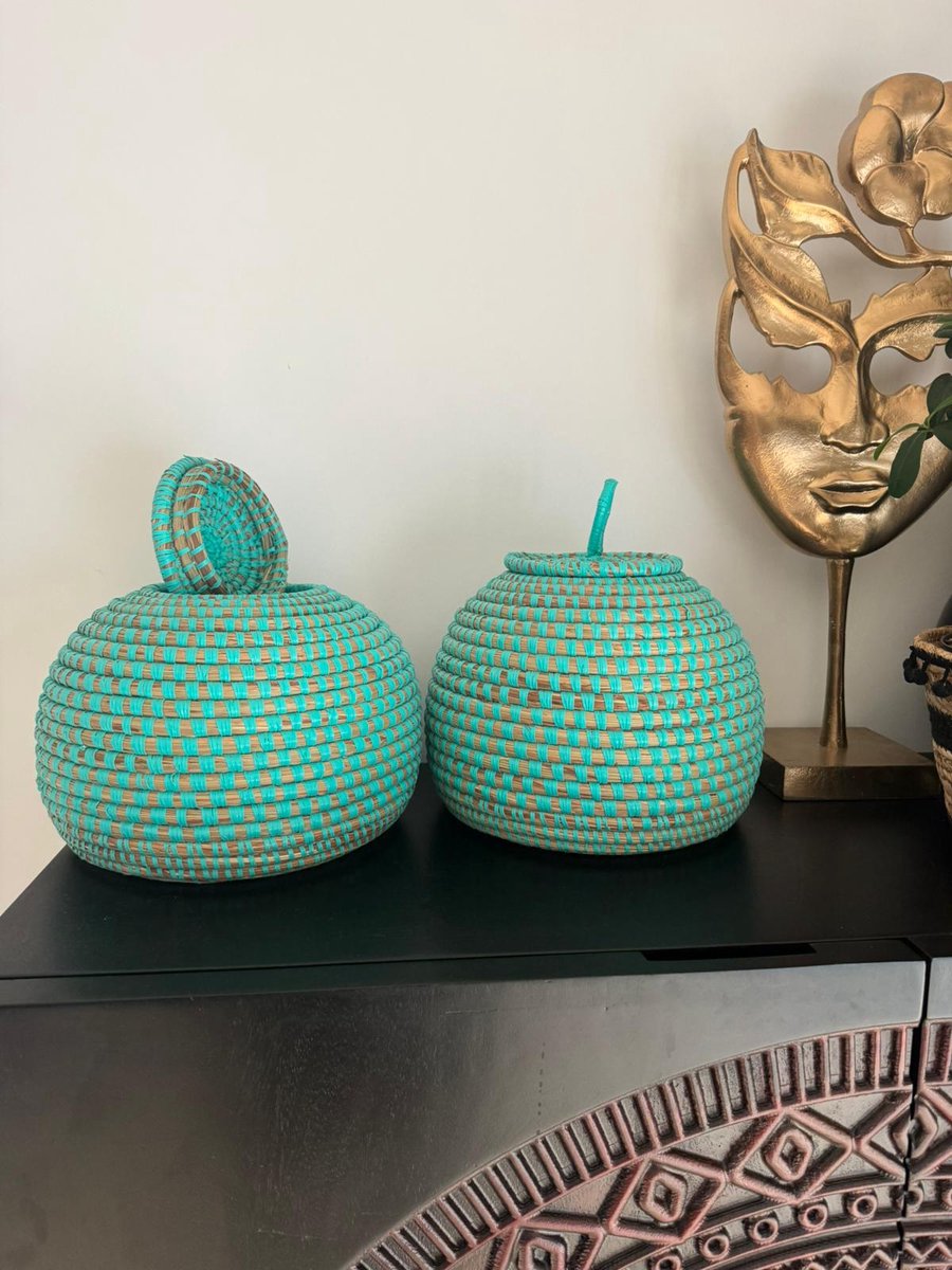 Korf turquoise - Decoratieve opbergmand met deksel - fairtrade