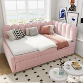 REDOM - Gestoffeerd Slaapbank 140x200 cm - L-vormig Bed met Uitschuifbaar Onderschuifbed - Fluwelen Bekleding - Roze