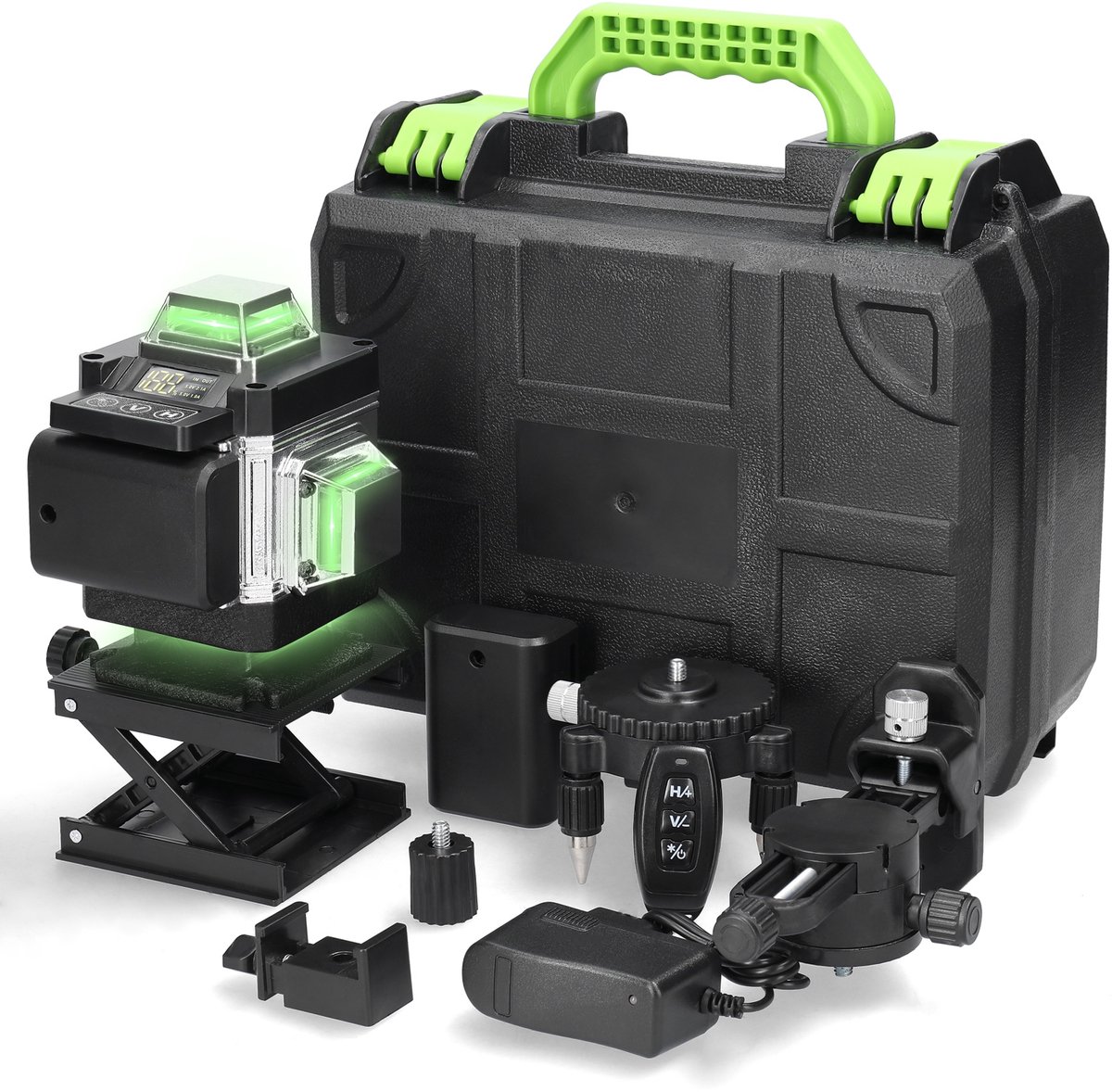 16-Lijnen Groene Laserwaterpas - 3° Zelfnivellerend - Digitaal Display - 2 Oplaadbare Batterijen - Afstandsbediening - Compleet Montagepakket - Wandbeugel - Statiefadapter - Hefplatform - Raamklem - Kunststof Draagkoffer - Voor Binnengebruik