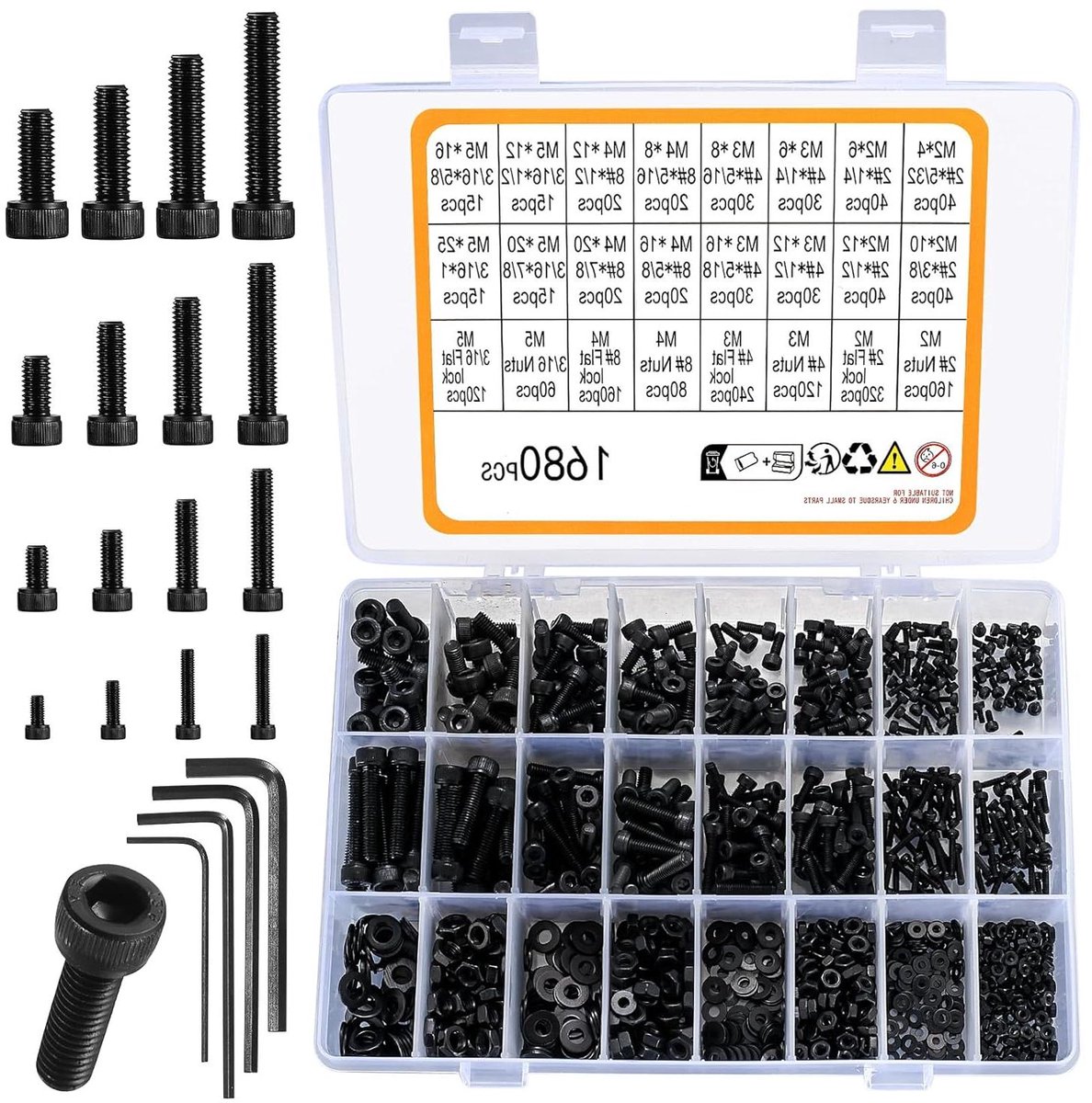 Provento - 1680-delige set metrische zeskantbouten M2, M3, M4, M5, moeren en sluitringen, zwarte machineschroevenset. Inclusief inbusschroeven en bouten.