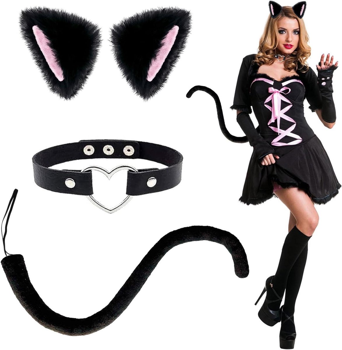 Ronte - Kattencosplay Set voor Kinderen | Zwart Kattenkostuum | Halloween Carnaval | Kat Party | Dieren Cosplay - 3 Delig