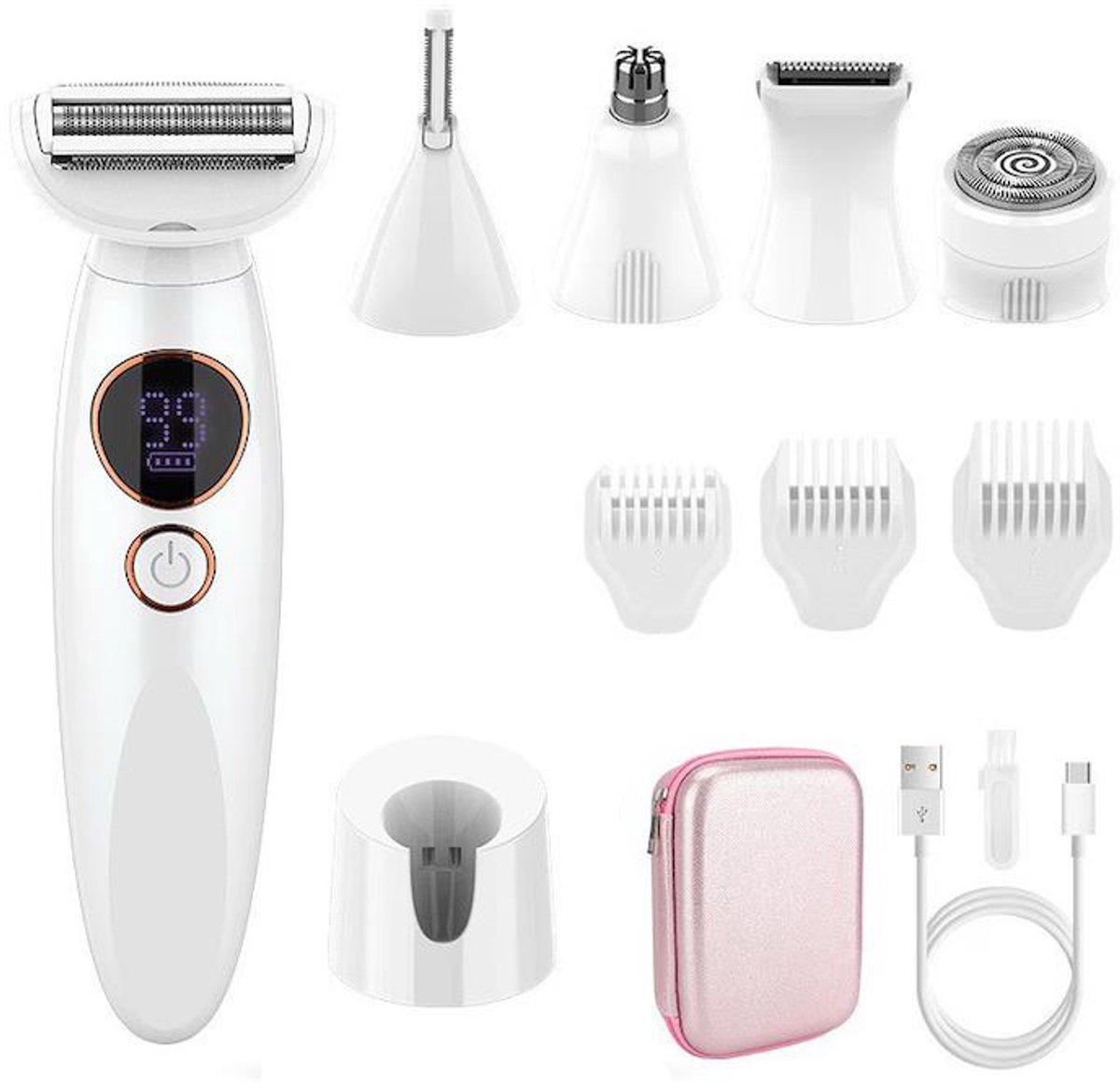 Azorix 8-in-1 Ladyshave en Trimmer – Scheerapparaat Vrouw voor Lichaam en Bikinilijn - IPX7 Waterdicht - Neushaartrimmer - USB Oplaadstation - Wit
