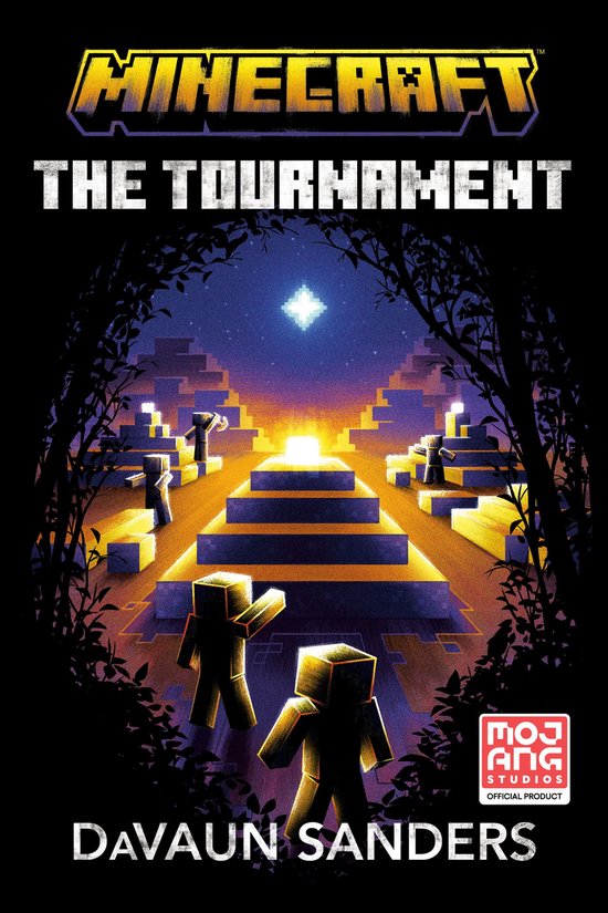 Minecraft: The Tournament boekomslag met stapsgewijze gouden structuren en Minecraft-personages.