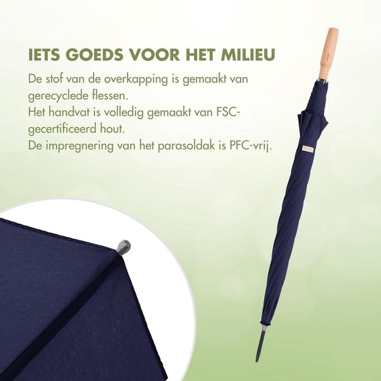 Nature Stick Paraplu, Duurzame Paraplu Van PET-flessen En Hout, Stabiele Automatische Paraplu Met Een Diameter Van 106 Cm, Robuust En Veilig Bij Wind En Regen