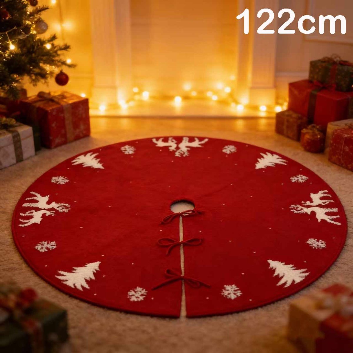 Meedeer Kerstboomrok Voor Kunstboom-Ronde kerstboomdeken-Met elandmotiefKerstboomrok-dennenboomdeken-tapijt-Rond 122cm-Kerstboomrok voor Kerstmis-Nieuwjaar-feestdecoratie (Rood）