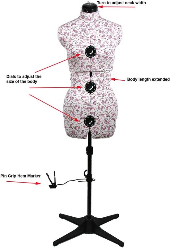 Verstelbare dressmakerspaspop met he mm arker, Florentine paisleystof, kledingmaat 16-20, middellang, 8-delig met vierpotenstandaard voor het vastspelden en passen van kleding — afbeelding 3