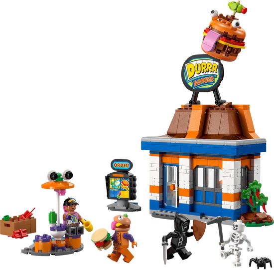 Restaurant LEGO Fortnite Durrr Burger avec figurines, un squelette, une borne de commande et le burger