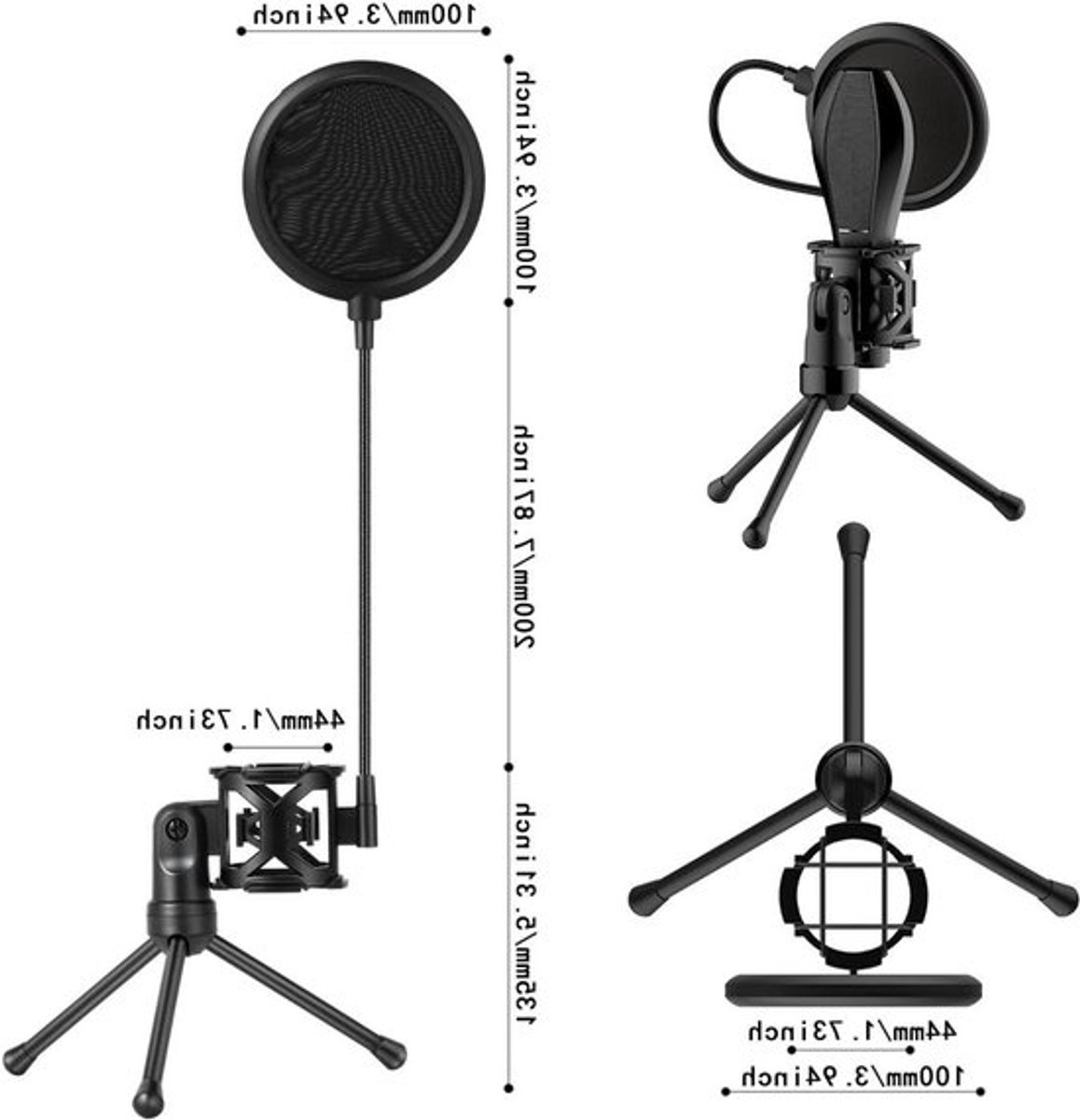 Windscherm popfilter met driepod afneembare desktop beugel en shock mount voor professionele microfoon