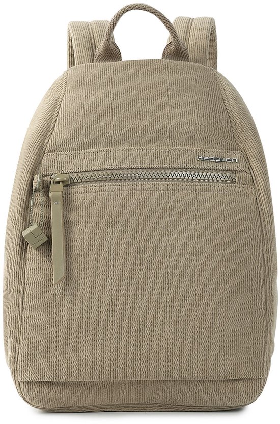 Beige ribfluwelen rugzak met rits, verstelbare schouderbanden en Hedgren-logo.