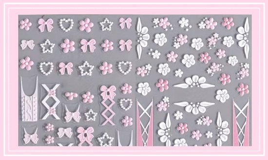Sticker vel met roze en witte bloemen, strikken, hartjes en sterren. Textuur 3D.