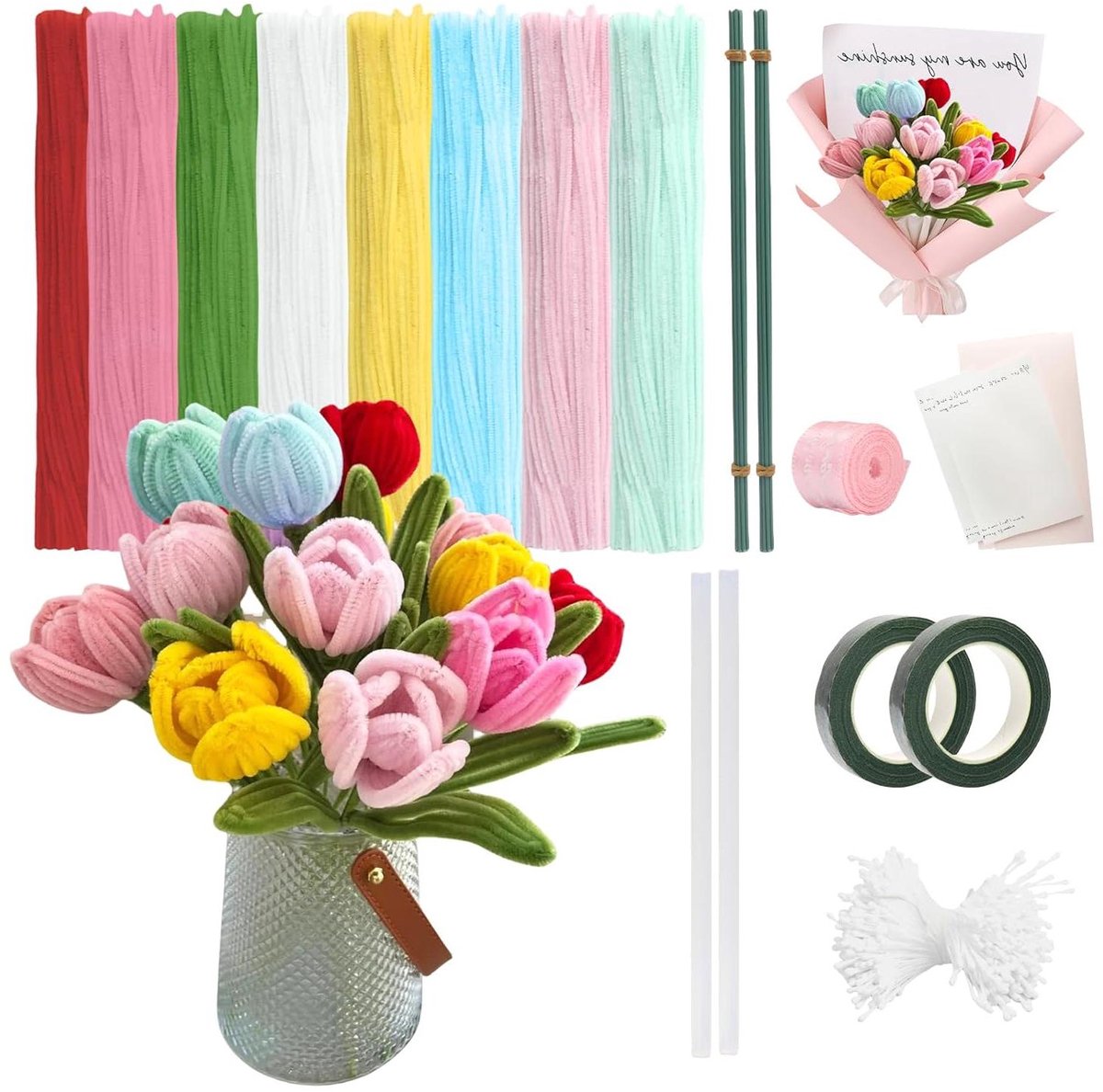 Ronte - Pijpenragers set 400 stuks knutselen bloemen chenilledraad groene bloemstelen stofbakken plakband plakstift cadeaupapier