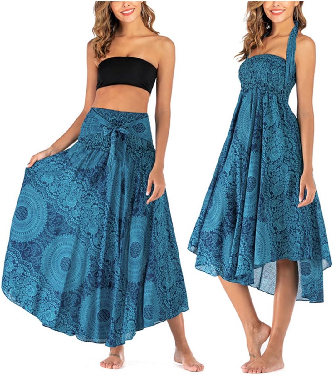Lange Damesjurk Zomer Elastisch Boho Maxi Strandmode Blauw