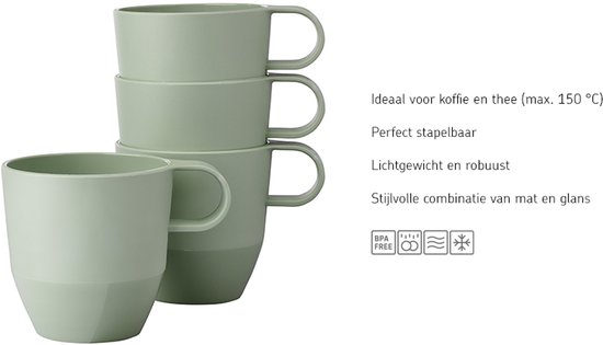 Stapel van vier groene mokken, ideaal voor koffie en thee, lichtgewicht en robuust.