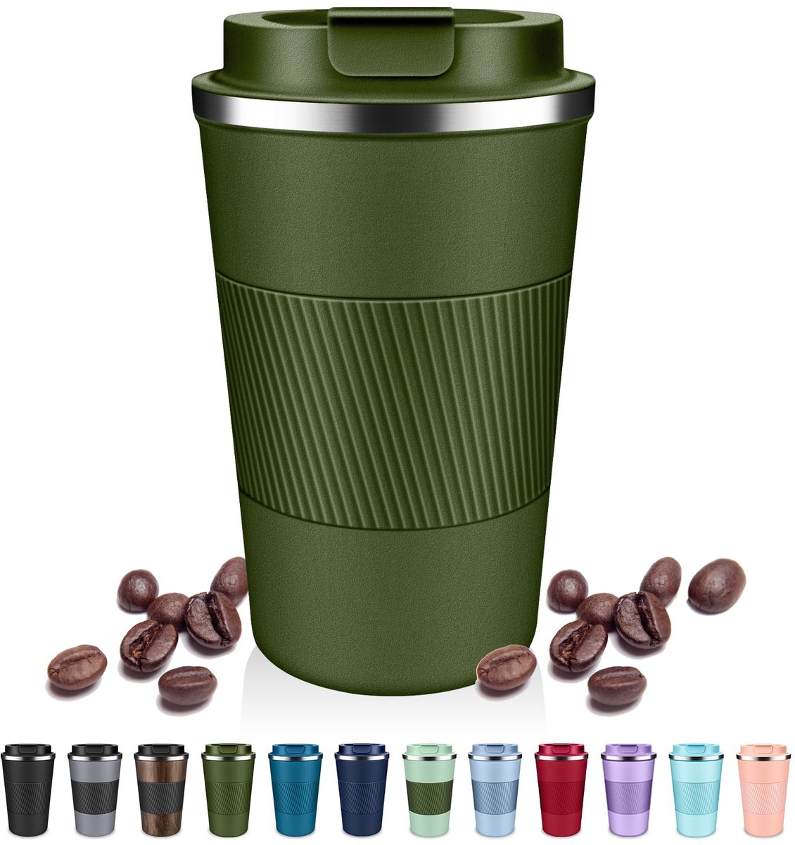 Kraftverdia RVS Koffiebeker To Go 510ml – Thermosbeker met Keramische Binnenlaag – Lekvrij & Dubbelwandig – Voor Koffie & Thee - Groen