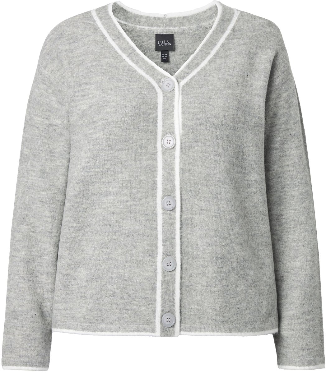 Ulla Popken - Dames - Vest contrasterende naden V-hals lange mouw - Lichtgrijs melange - Maat 42+