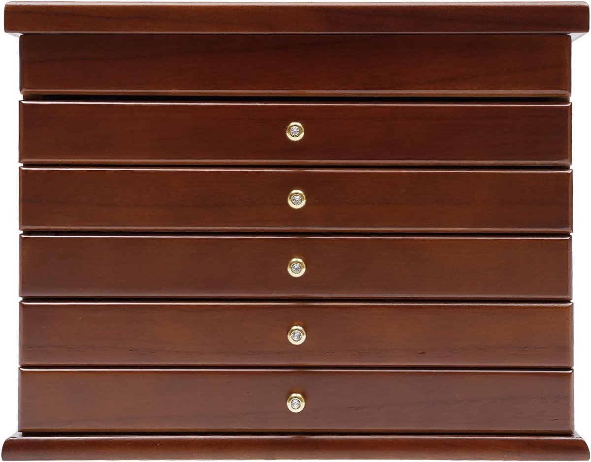 Vintage Houten Sieradendoos met Laden - 5-6 Niveaus, Fluweel Binnenbekleding, Met of Zonder Spiegel