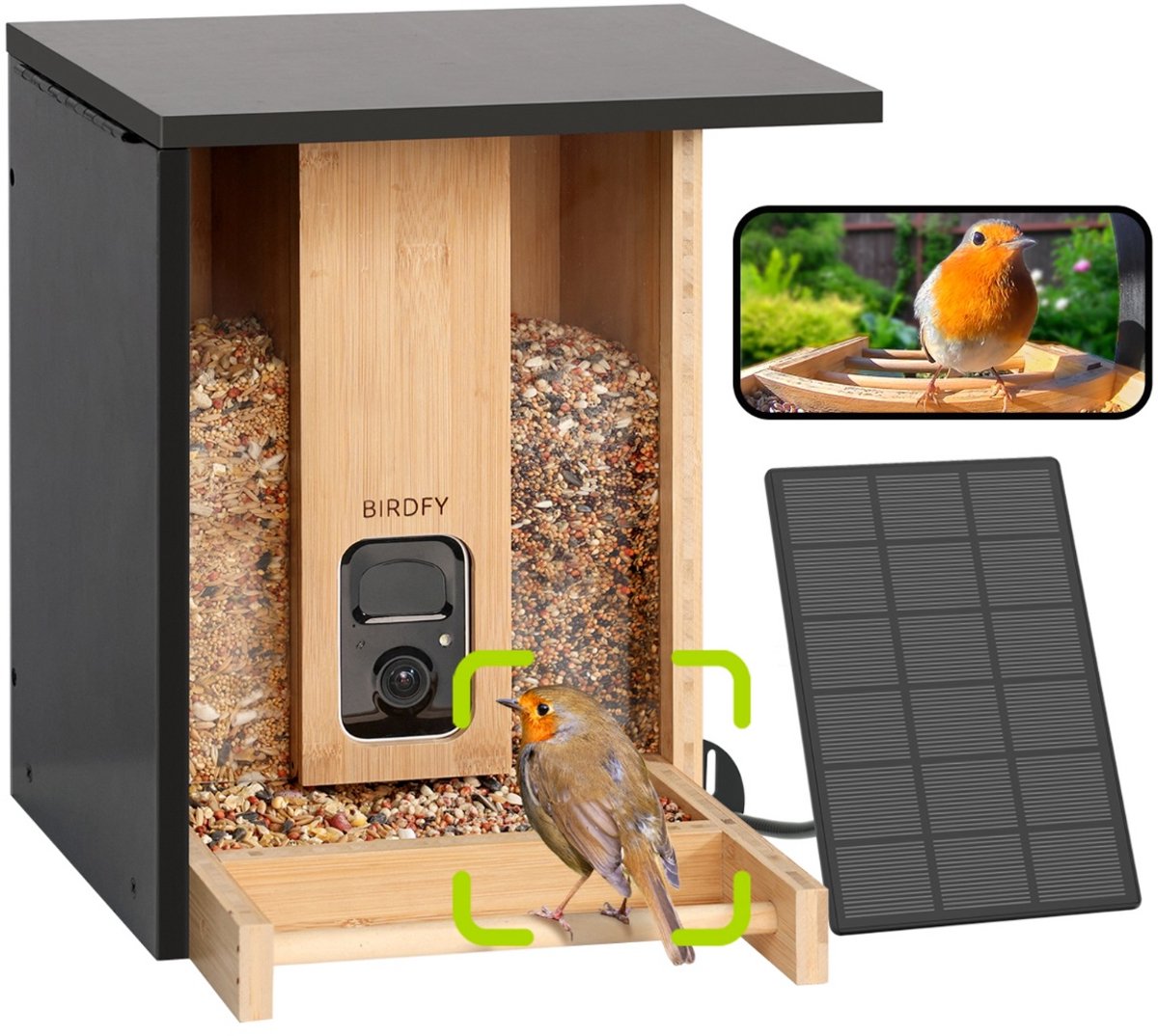 Birdfy Feeder Bamboo – Vogelhuisje met Camera – Live Vogels Spotten via je Smartphone - Slim Voederhuisje met AI‑Herkenning & 1080p HD – Kleur‑Nachtzicht – Zonnepaneel & Draadloos – Duurzaam Bamboe Design - Cadeau voor Natuurliefhebbers