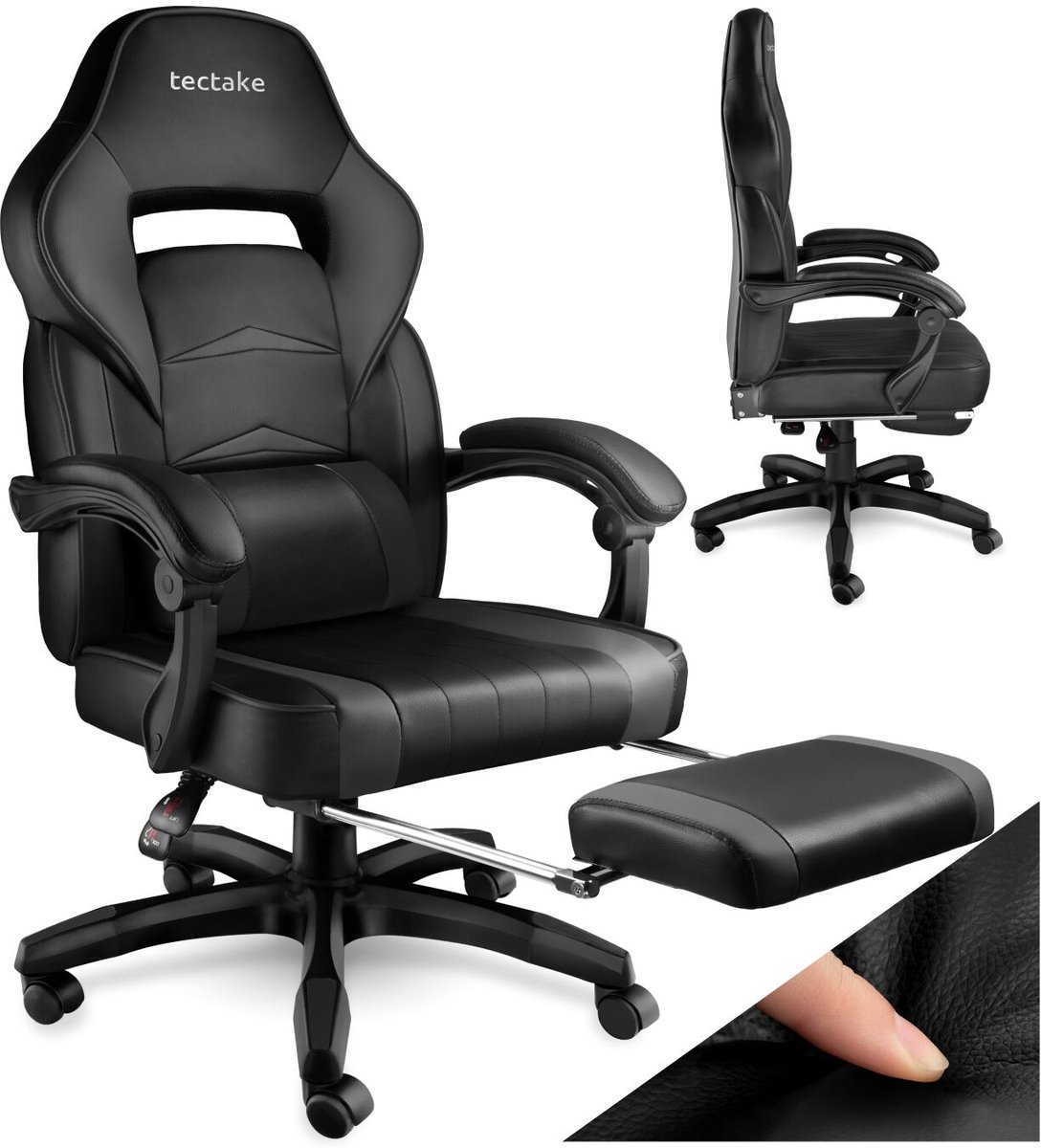 Tectake Bureaustoel - Gamingstoel met verstelbare rugleuning, voetensteun en armleuningen - Inclusief nekkussen en lendensteun - Ergonomisch - In hoogte verstelbaar - Maximale belastbaarheid 120 KG - Afmeting (LxBxH) 70x75x120-128 cm - Zwart / zwart