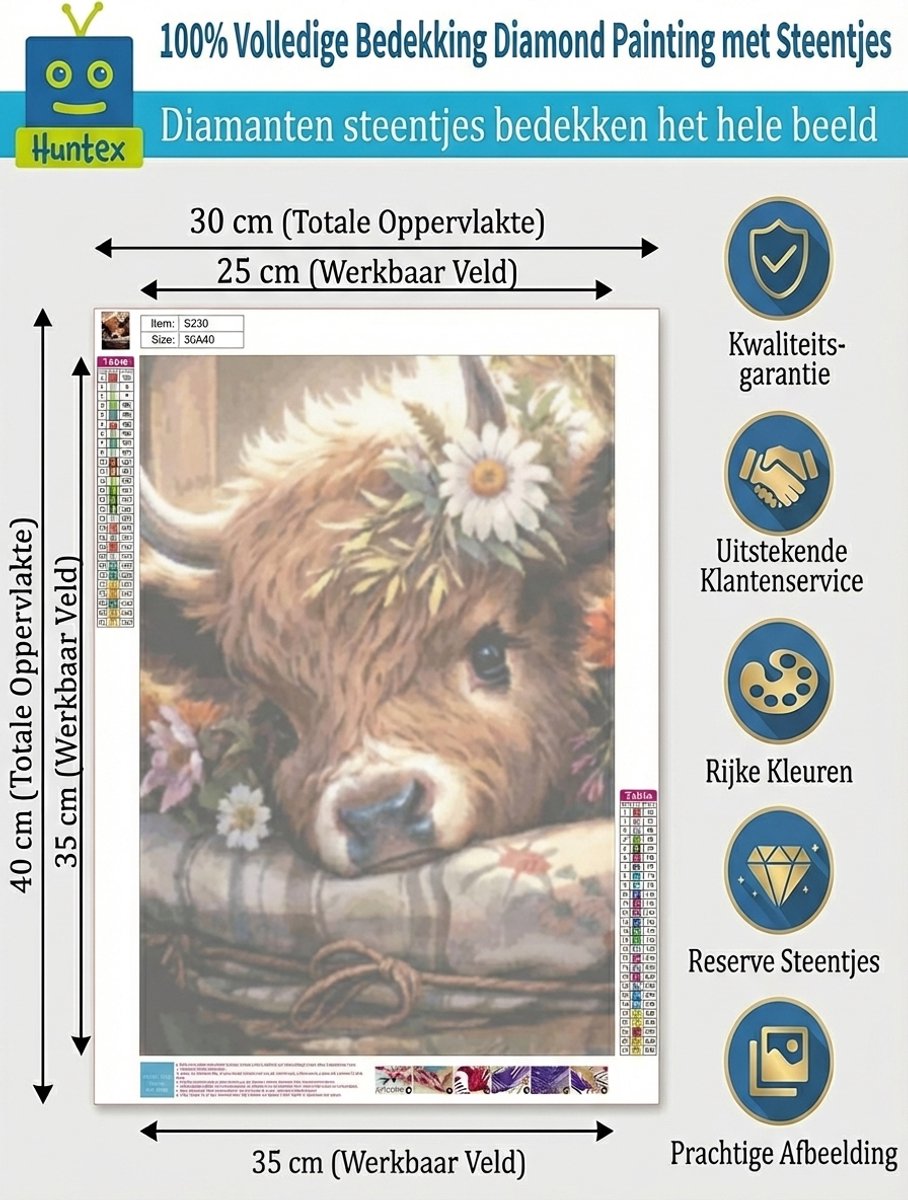 Huntex Diamond Painting Volwassenen - Diamond Painting Kinderen - Diamond Painting Pakket Volledig - Kalfje Met Bloemen - 30x40 cm — afbeelding 3
