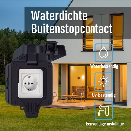 Zwarte waterdichte buitenwandcontactdoos met een open klep en iconen voor water- en UV-bestendigheid.