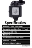 Zwarte buitenwandcontactdoos met Specificaties: Type C/F, 16A, 220-250V, 330g, 15x10.7x9.6cm.