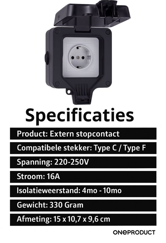 Zwarte buitenwandcontactdoos met Specificaties: Type C/F, 16A, 220-250V, 330g, 15x10.7x9.6cm.