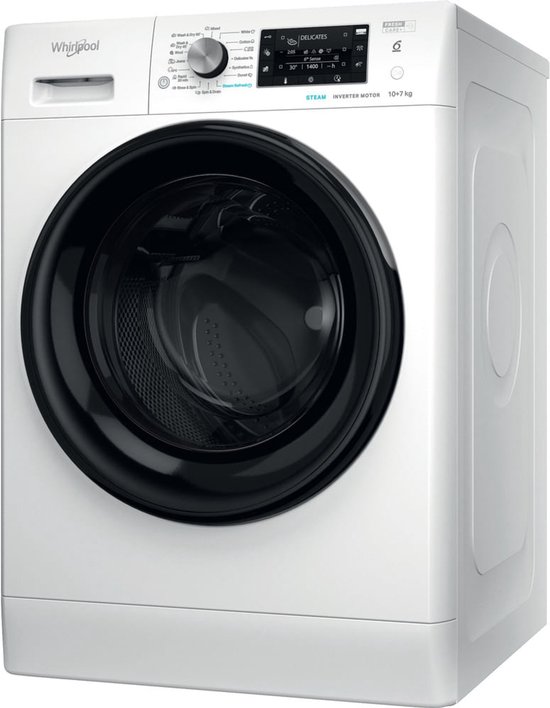Whirlpool FFWDD1076258B - Was-droogcombinatie - Voorbelading - Vrijstaand - Wit - Links - Zwart - Knoppen - Draaiknop