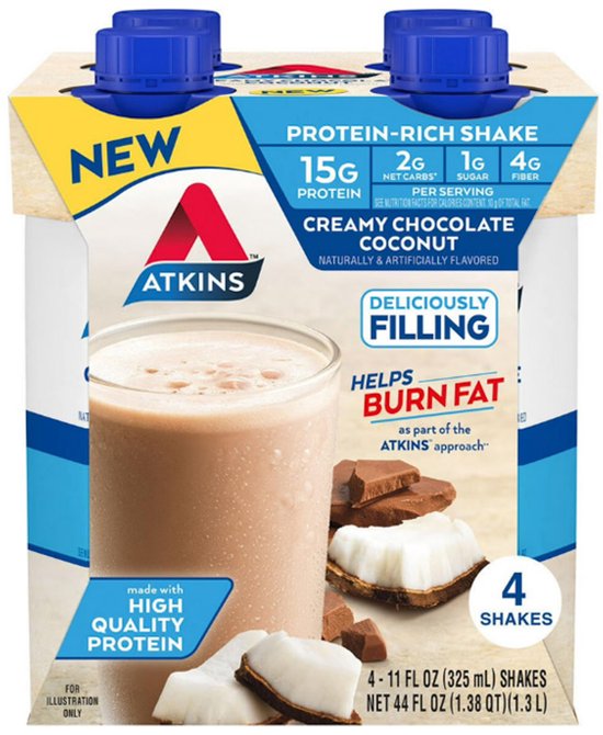 Atkins Proteïne Shake, romige chocolade kokos, 4 shakes, met 15g proteïne per portie.