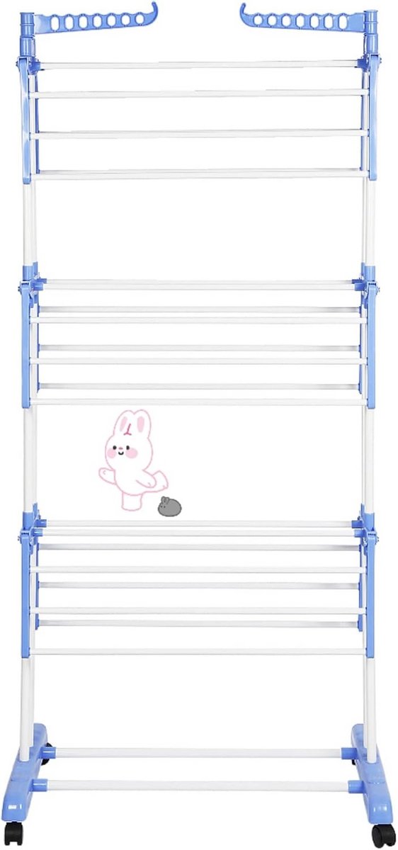 Inklapbaar Droogrek 3 Verdipngen met Wielen - Groot Formaat 75x64x170 cm - Ideaal voor Binnen en Buiten - Blauw/Wit