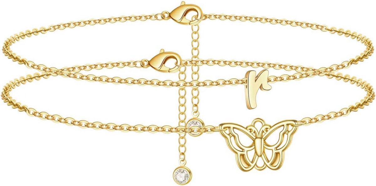 14K Goud Gevulde Handgemaakte Sierlijke Gelaagde Vlinder Enkelband met Letter Initial