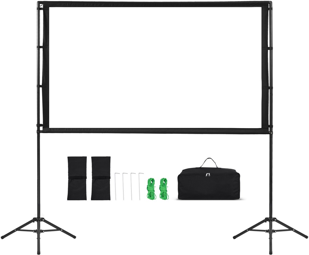 Projectiescherm 213.4 cm Met Standaard, 16:9 HD Rimpelvrije Draagbaar Scherm, 160° Kijkhoek voor Binnen- en Buiten Gebruik, Inclusief Dubbele Statief en Draagtas voor Films, Thuisbioscoop Of Presentaties