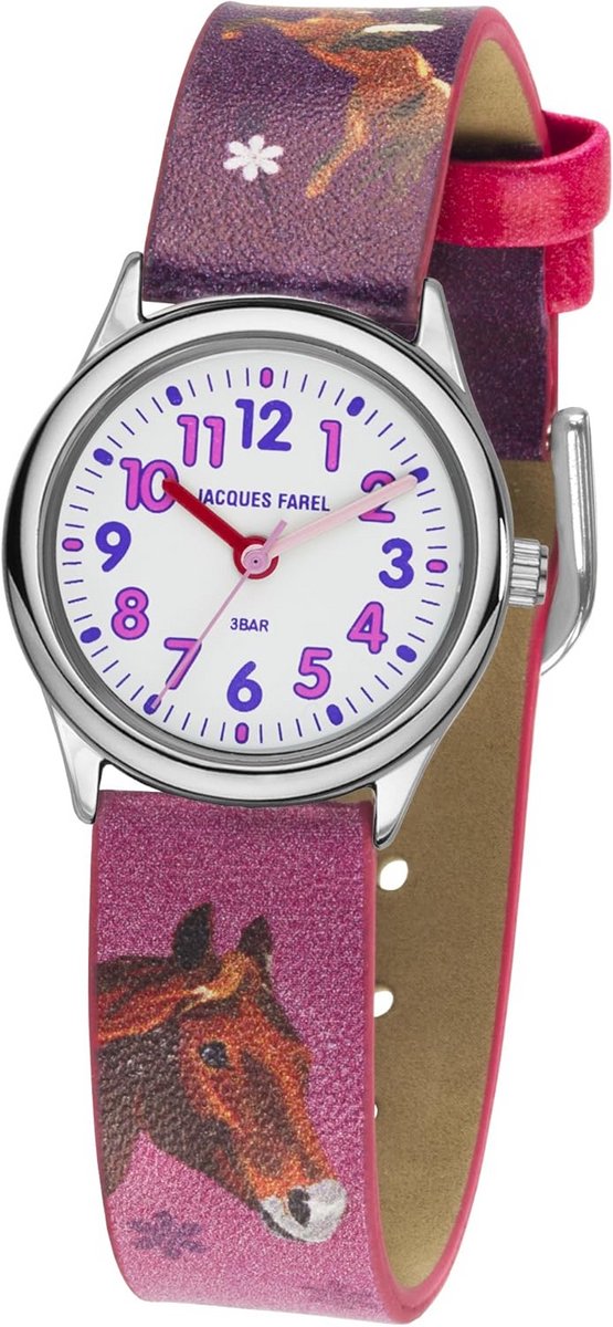 Kinderhorloge met paardenmotief - roze paarse wijzerplaat - metaal armband