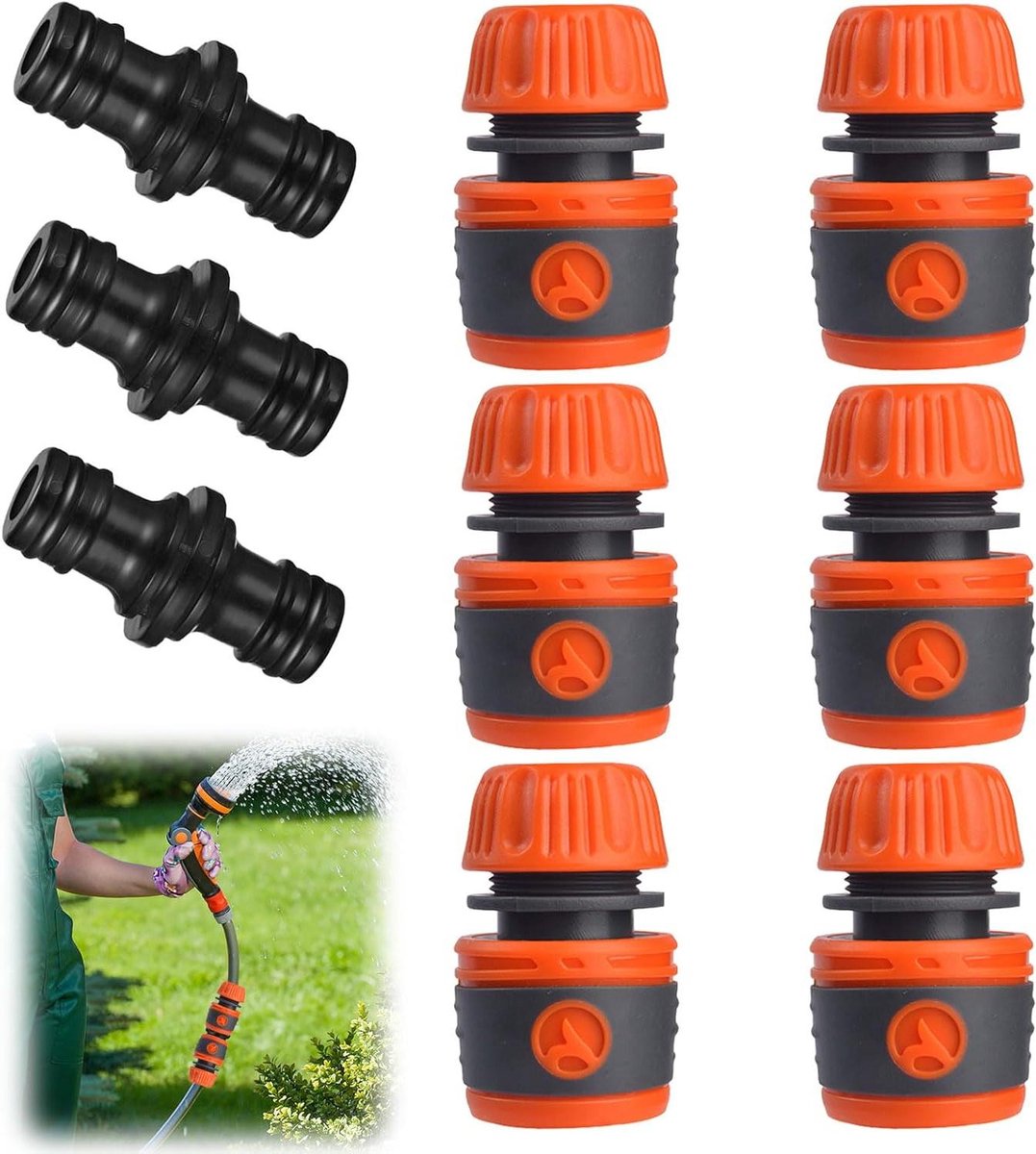 Ronte - Slangkoppelingset 9 stuks | 6 slangverbinders 1/2 inch | 13 mm | 3 koppelingen | Compatibel met kraan, tuinslang, tuinirrigatie | Autowassen en huishoudelijk gebruik